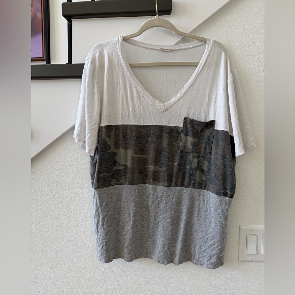 JODIFL White and Cream V-Neck Top with Camo Accent
